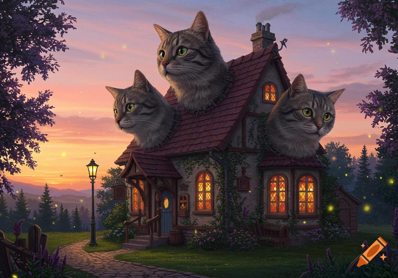 A fantasy cottage with three large cat heads emerging from the roof, at sunset with fireflies.