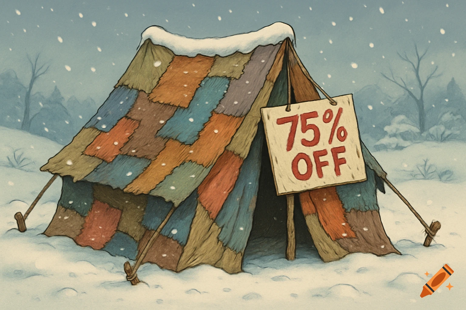 A cartoon, old, patched camping tent in the snow with a '75% OFF' discount sign.