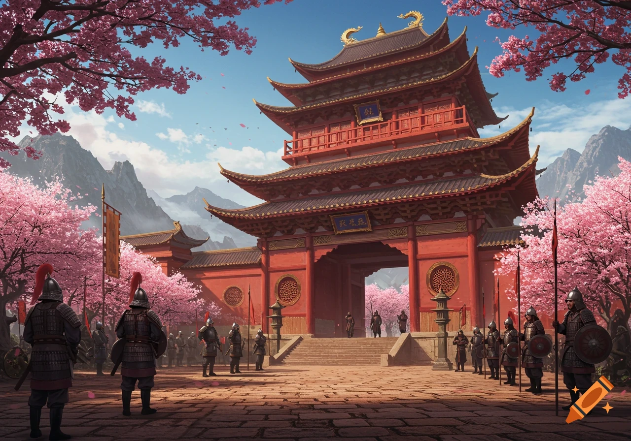 A grand red ancient Asian tiered building with soldiers standing guard, surrounded by pink cherry blossom trees and mountains.