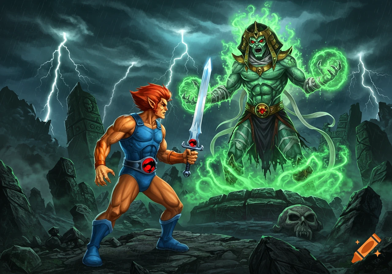 Lion-O with the Sword of Omens faces a glowing Mumm-Ra in a stormy landscape with lightning and ruins, comic art style.