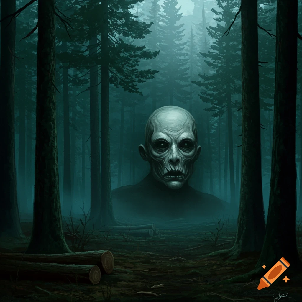A pale, gaunt monster with sunken black eyes and a gaping mouth stares from the mist-shrouded depths of a dark, eerie forest.