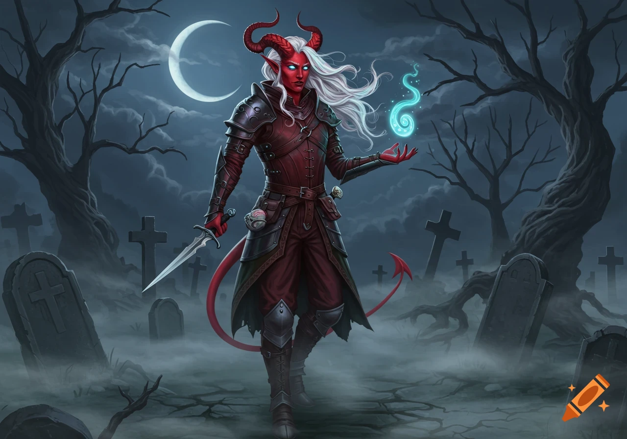 A red-skinned tiefling with white hair, horns, and a tail stands in a misty graveyard, holding a dagger and blue magic.