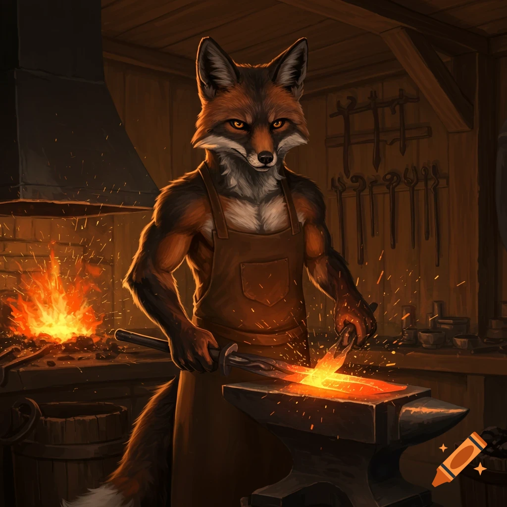 An anthropomorphic fox blacksmith hammers glowing metal in a dark forge, sparks flying. Detailed digital painting.