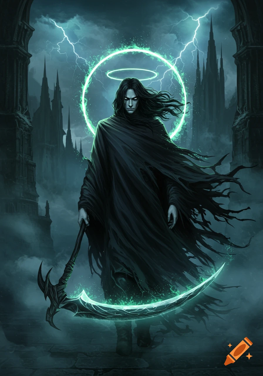 A mysterious cloaked figure with long black hair, holding a glowing scythe, stands in a dark gothic setting under a stormy sky.
