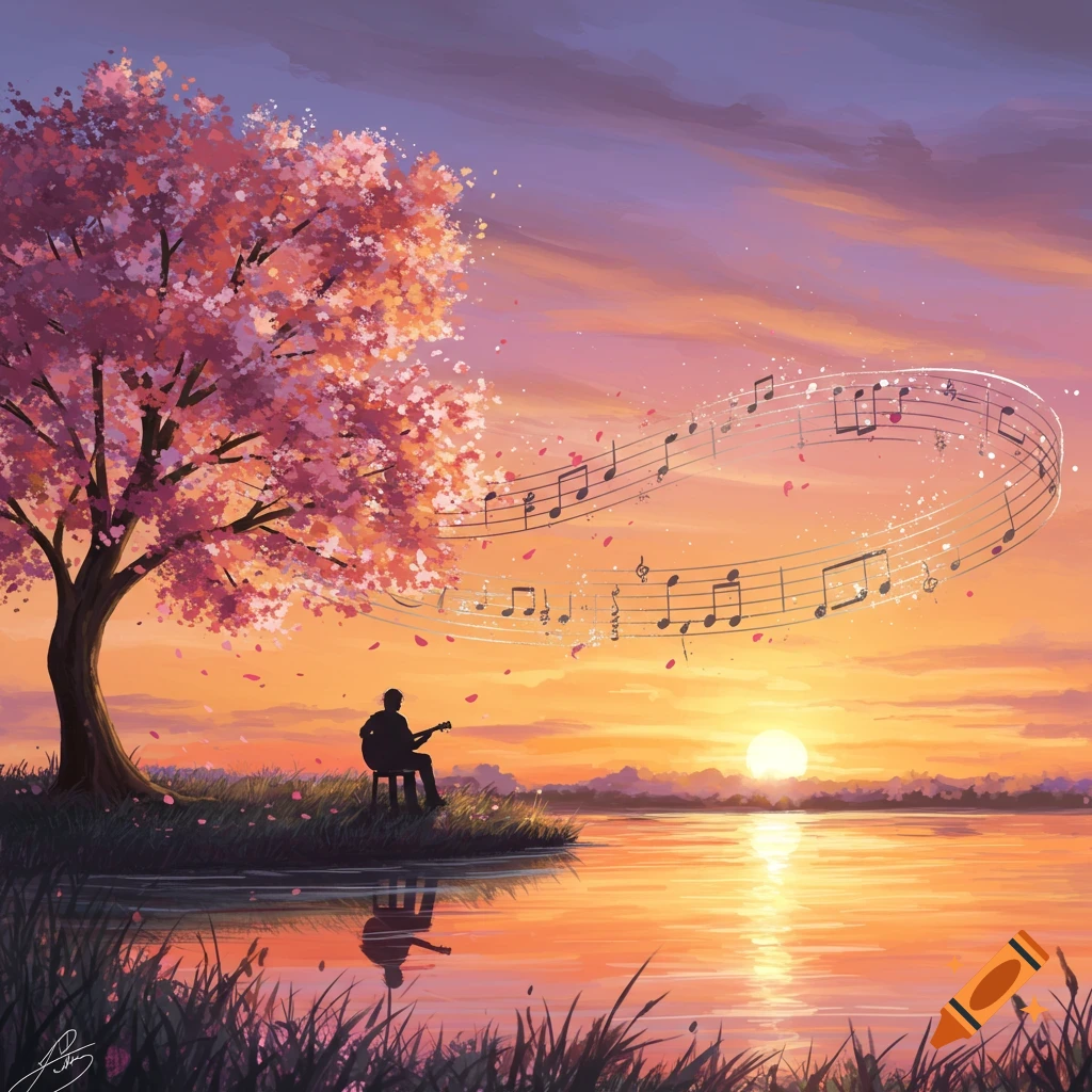 Anime-style art of a silhouetted figure playing guitar by a lake at sunset, with musical notes floating from a cherry blossom tree.
