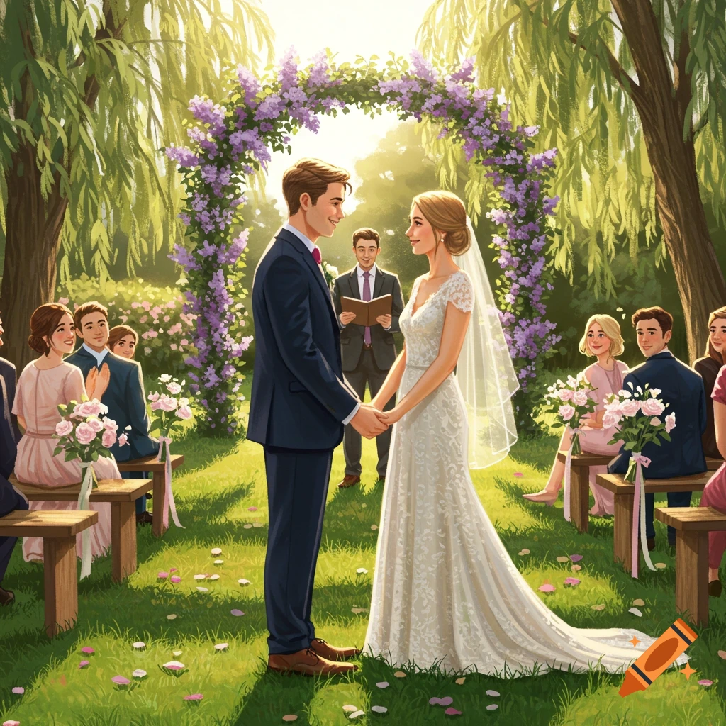 An illustrated couple holding hands at an outdoor wedding ceremony under a purple floral arch.