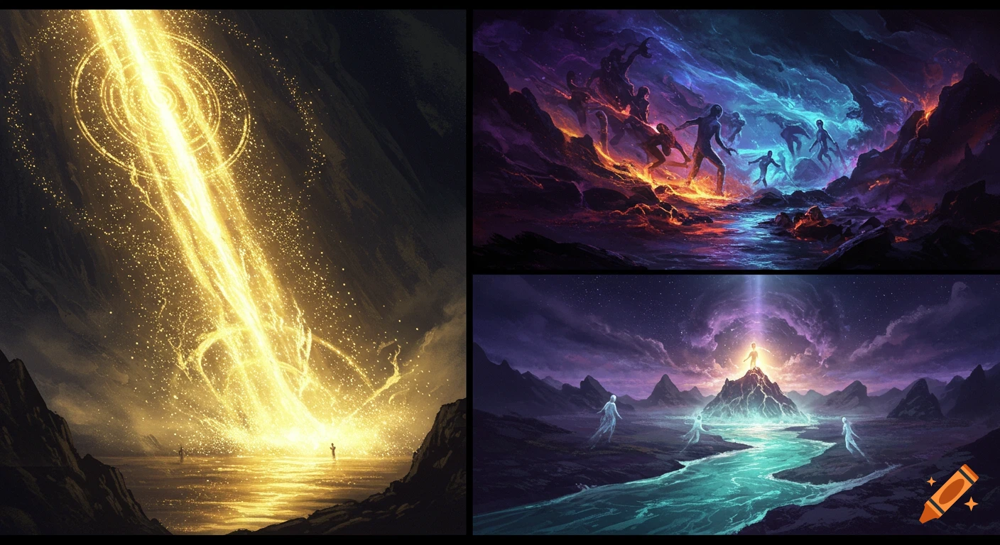 A triptych of epic digital paintings: a golden light waterfall, battling energies with figures, and a serene landscape with a glowing river and ethereal beings.