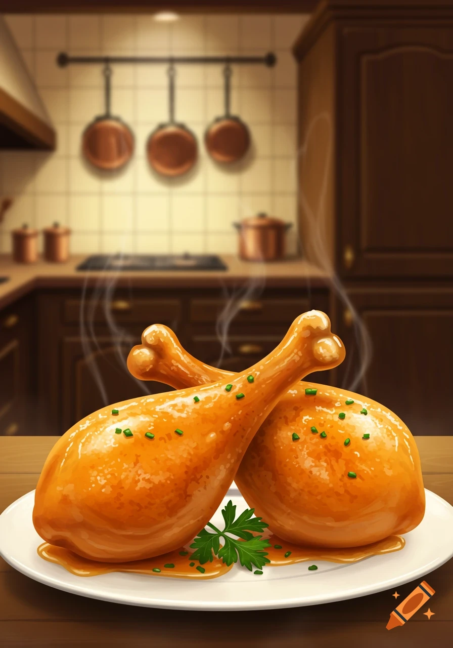 Two golden brown roasted chicken legs with sauce and parsley on a plate in a kitchen, illustration.