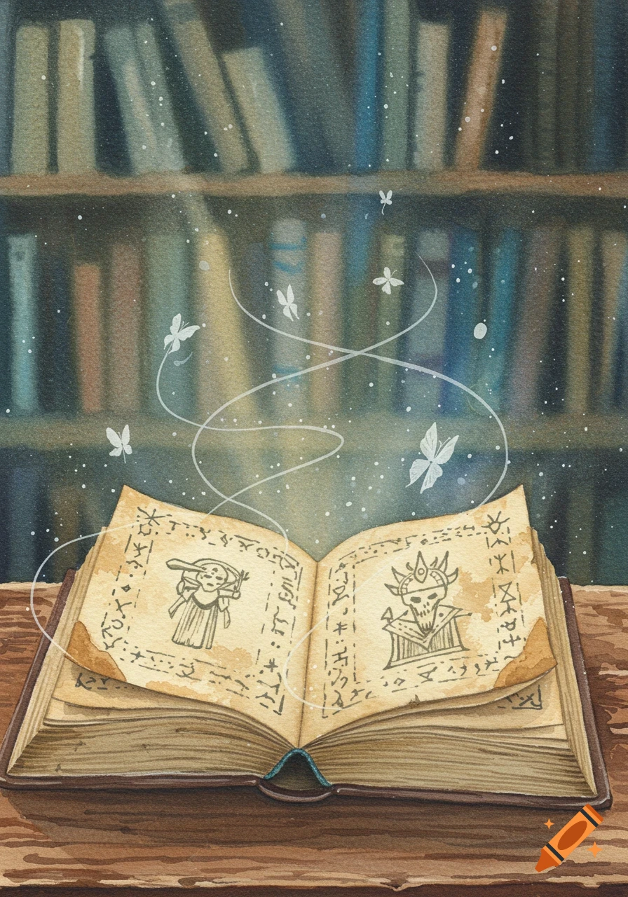 A mysterious open book with ancient symbols and illustrations, glowing with magical butterflies and light, on a wooden table in front of a blurred bookshelf, watercolor style.