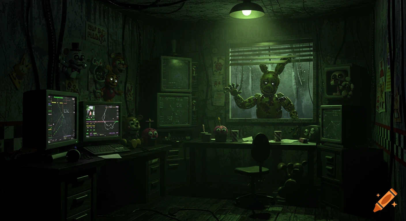 A dark, green-lit office with multiple monitors and posters, while Springtrap, a creepy animatronic, peeks through a window.
