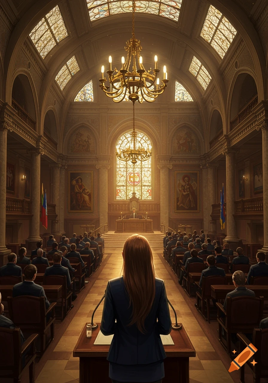 A woman speaks at a podium to an audience in a grand hall with stained glass windows and chandeliers, bathed in golden light.