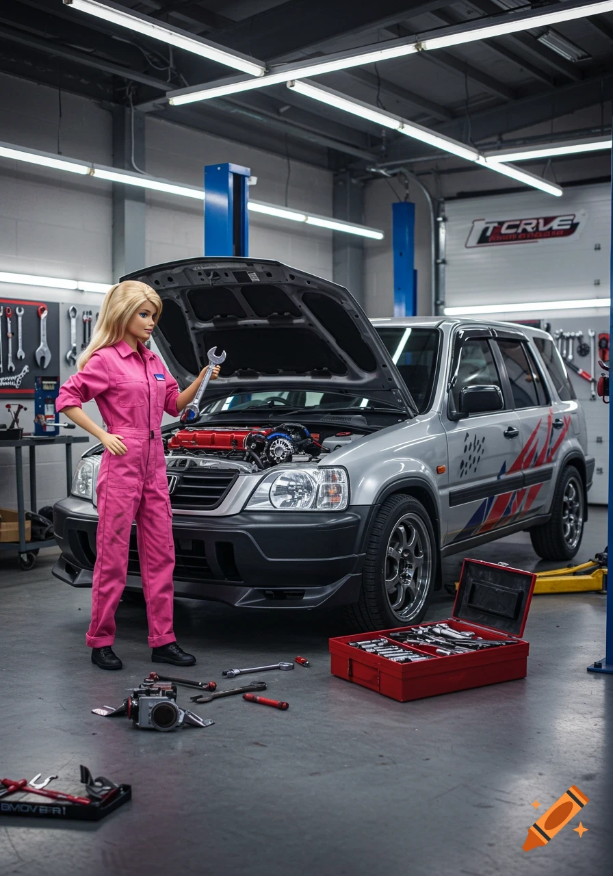 A photorealistic image of a Barbie doll in a pink mechanic's jumpsuit, holding a wrench, standing in front of a silver Honda CRV with its hood open in a detailed garage.