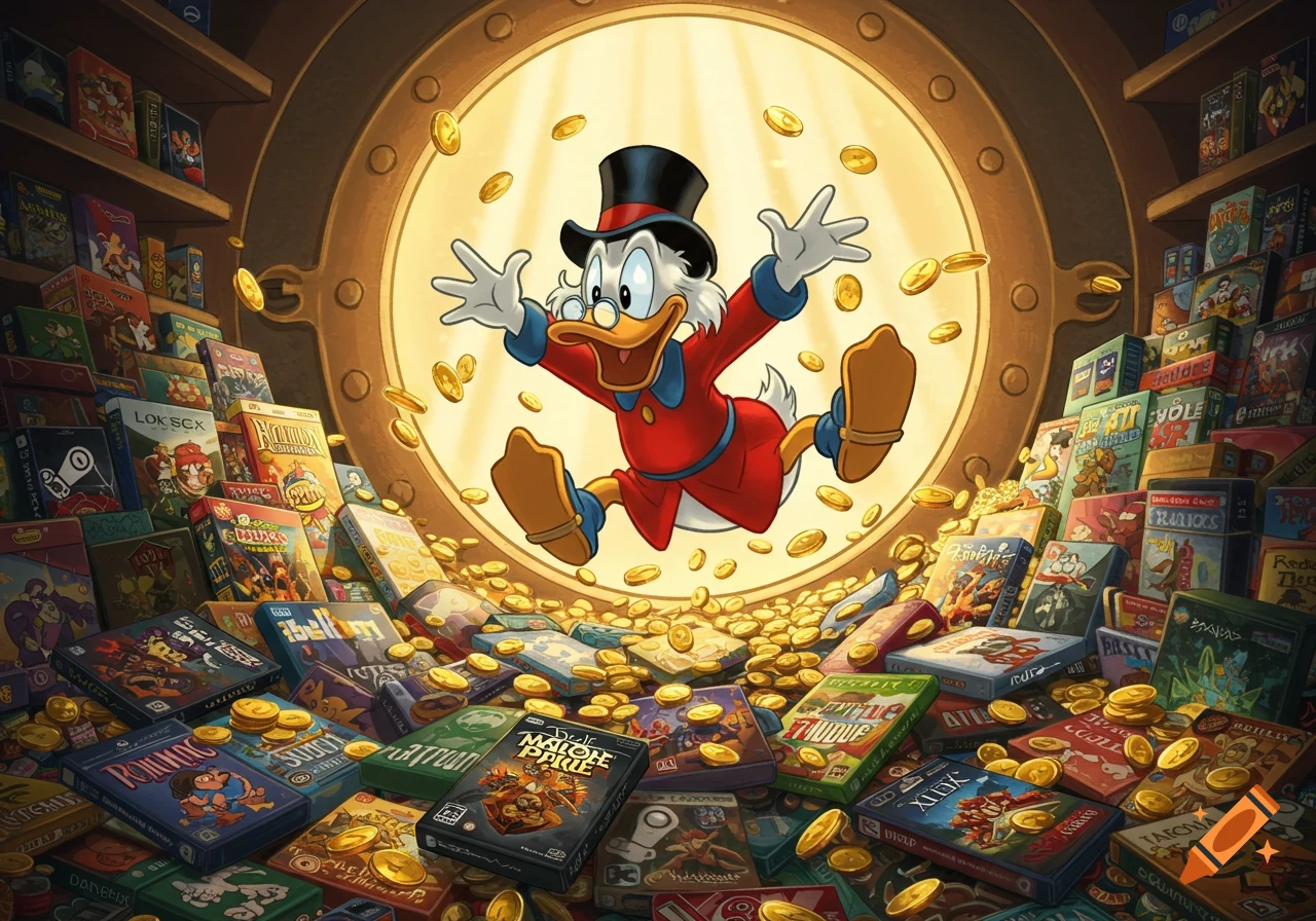 Scrooge McDuck gleefully dives into a massive pile of game boxes and gold coins, illuminated by a bright circular light in a treasure room.
