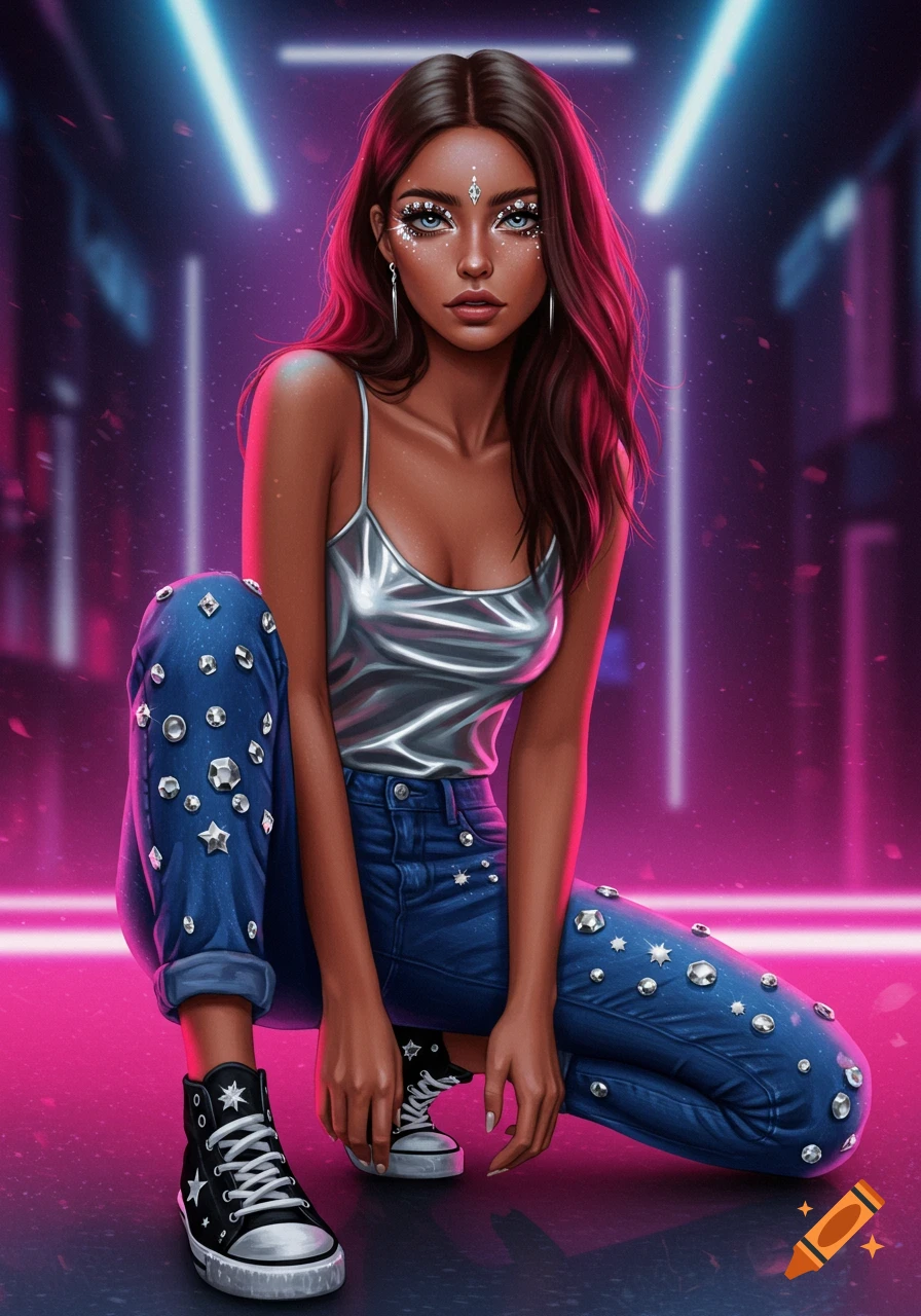 Digital art of a girl crouching in a silver top, bejeweled jeans, and star sneakers, against a neon-lit purple background.