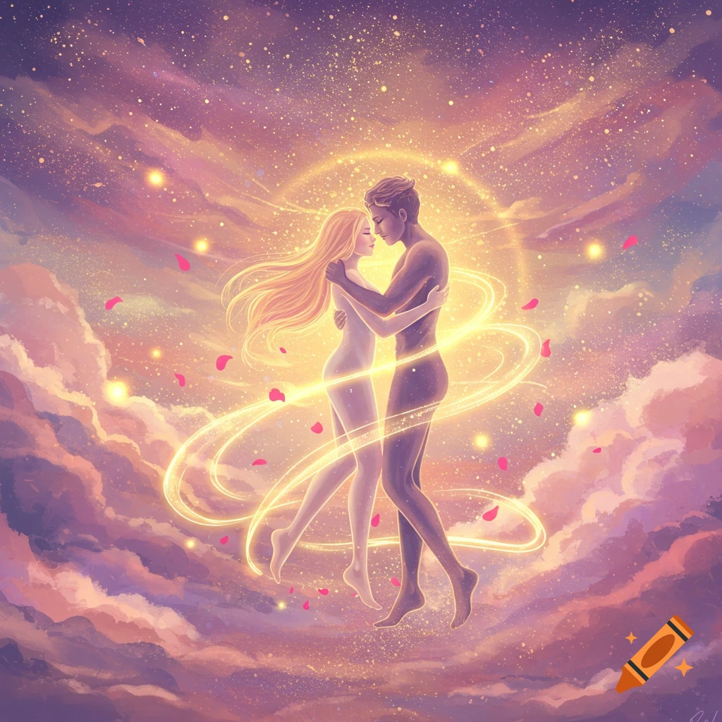 Ethereal illustration of a man and woman embracing amidst glowing stars, clouds, and golden light, with falling rose petals.