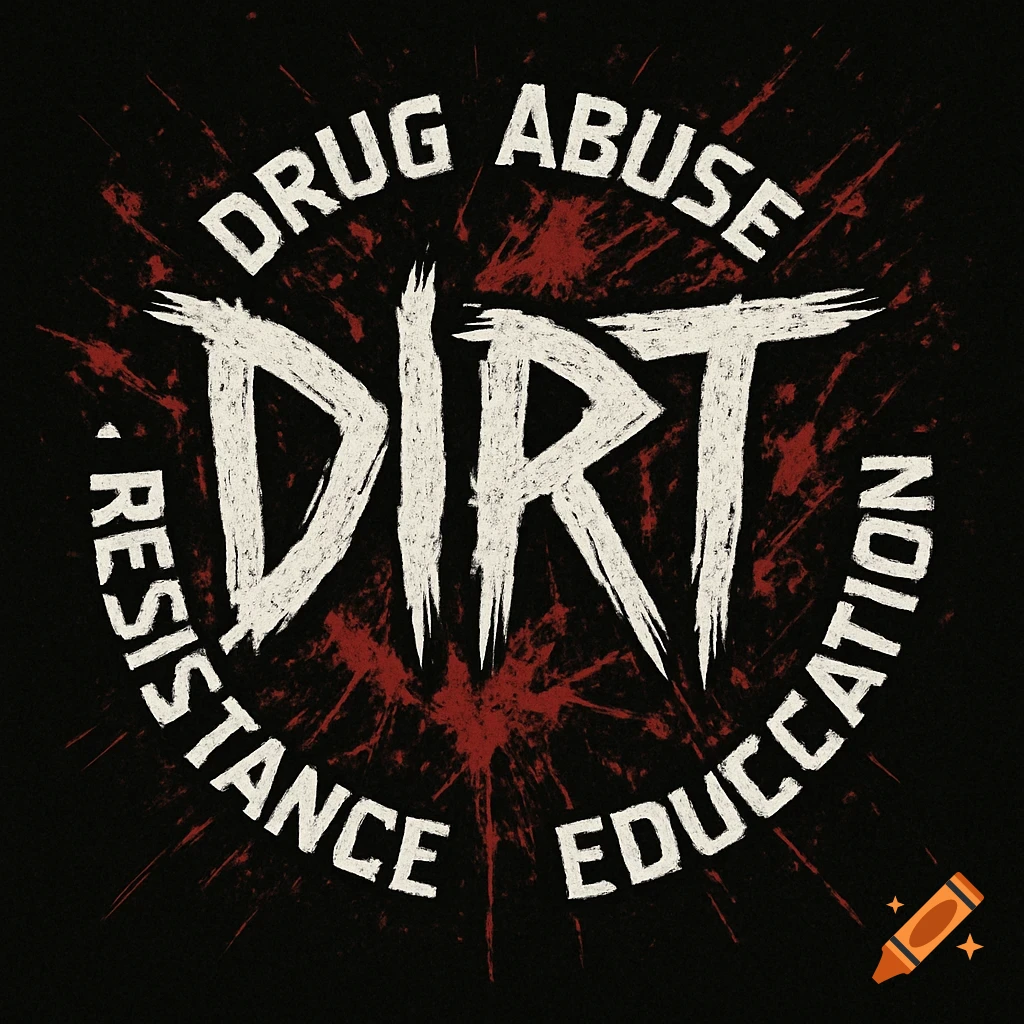 Grunge style logo with 'DIRT' and 'DRUG ABUSE RESISTANCE EDUCATION' in distressed white text on a black background with red splatters.