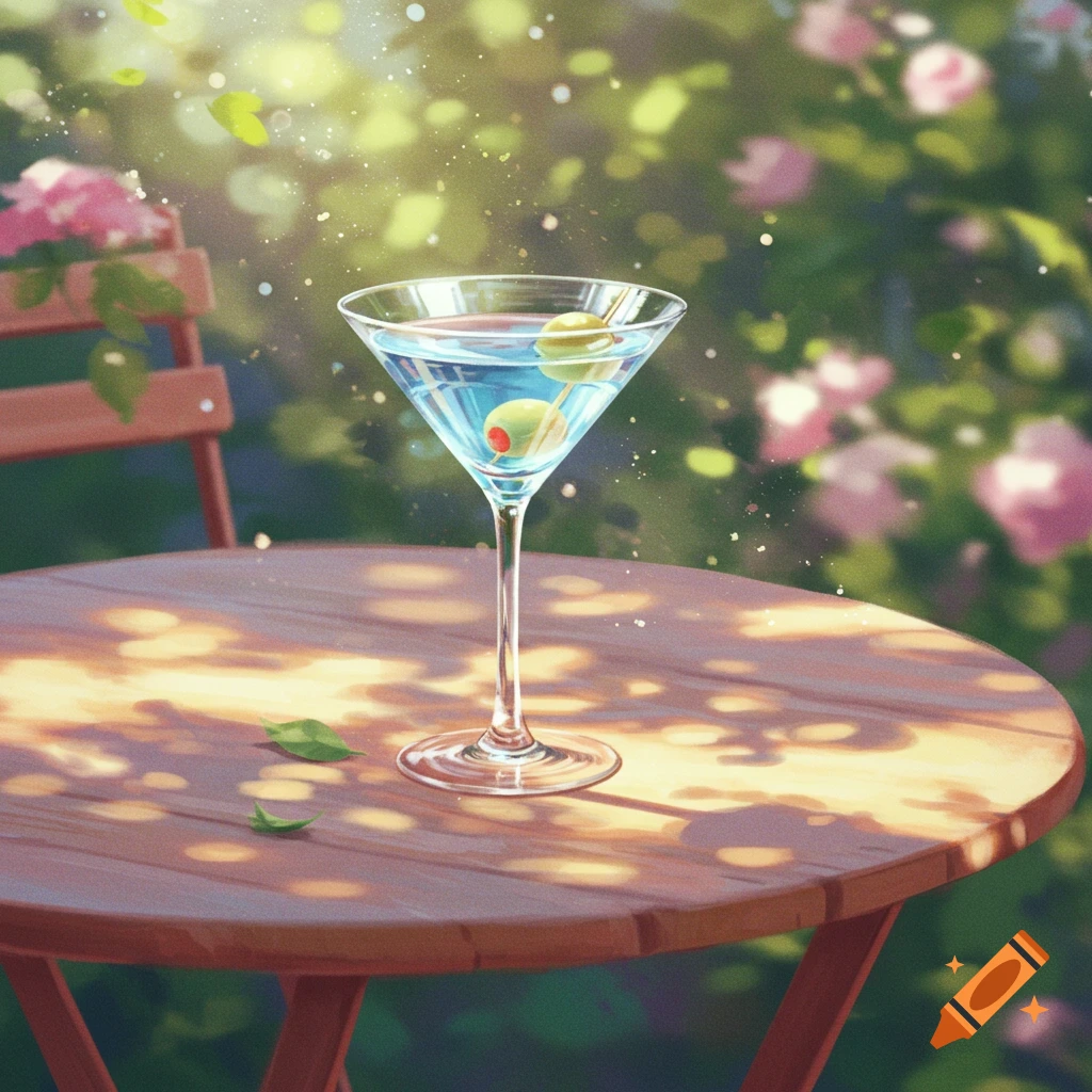 Impressionistic painting of a martini with olives on a sun-dappled table in a blooming garden.