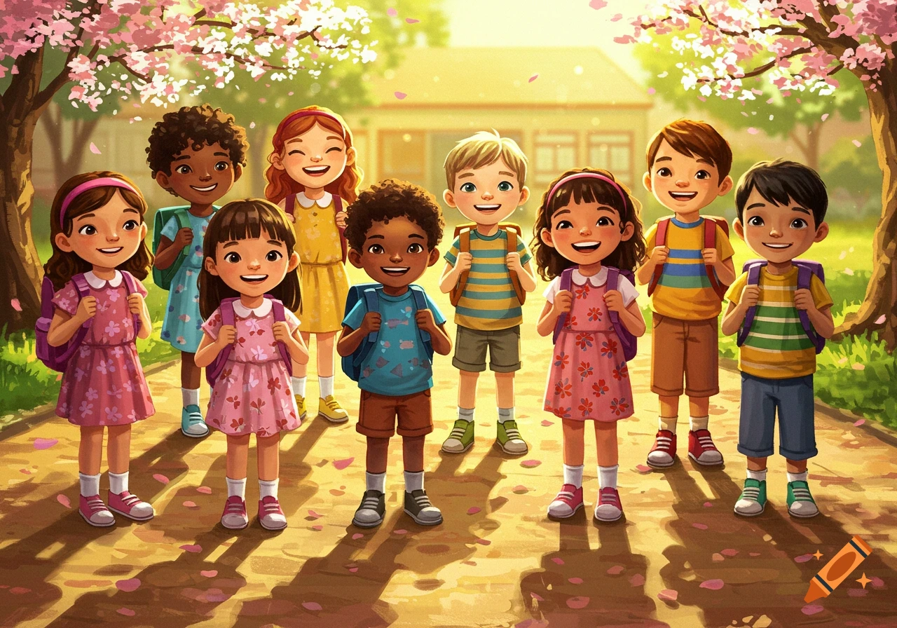 A diverse group of smiling cartoon children with backpacks stand on a path under pink blossoming trees.