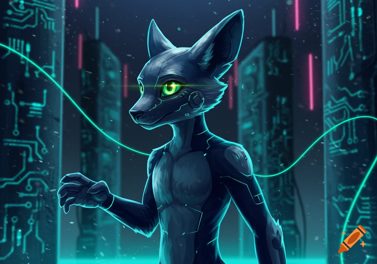 A dark, cybernetic fox-like creature with glowing green eyes stands in a futuristic city with neon circuit patterns. Digital art.