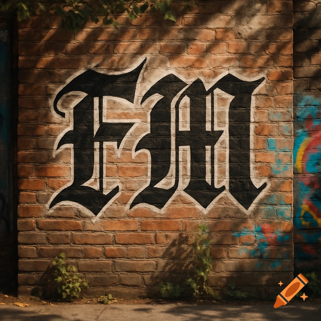 Black Old English letters spelling "FM" spray-painted on a textured brick wall with green foliage and sunlight.