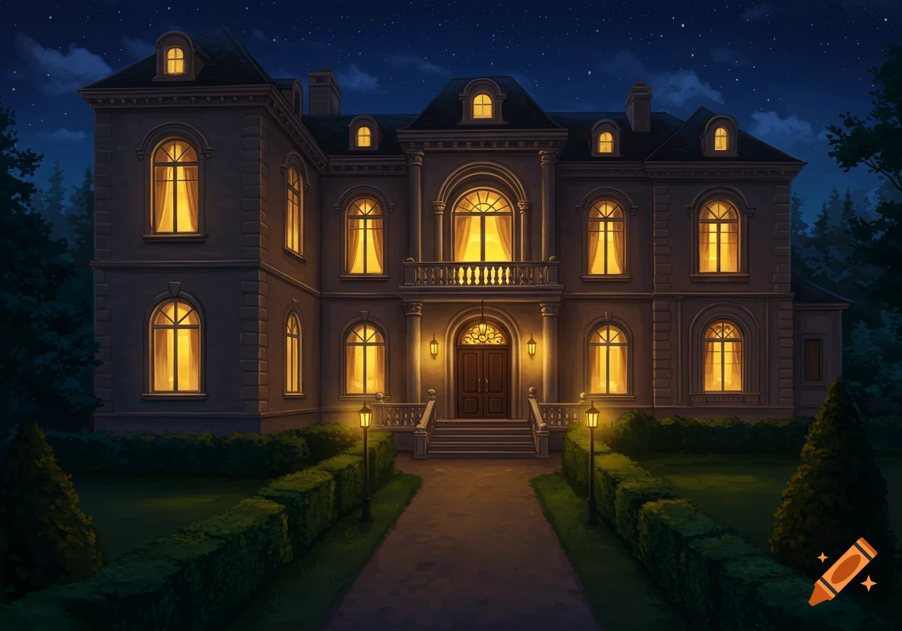 A grand mansion at night with many lighted windows and a lit pathway leading to the front doors, surrounded by trees and hedges.