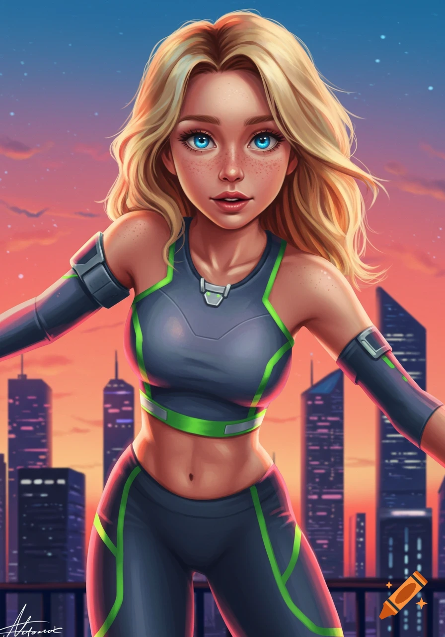 Digital illustration of a blonde woman with blue eyes and freckles in grey and neon green sportswear, posing against a city skyline at sunset.