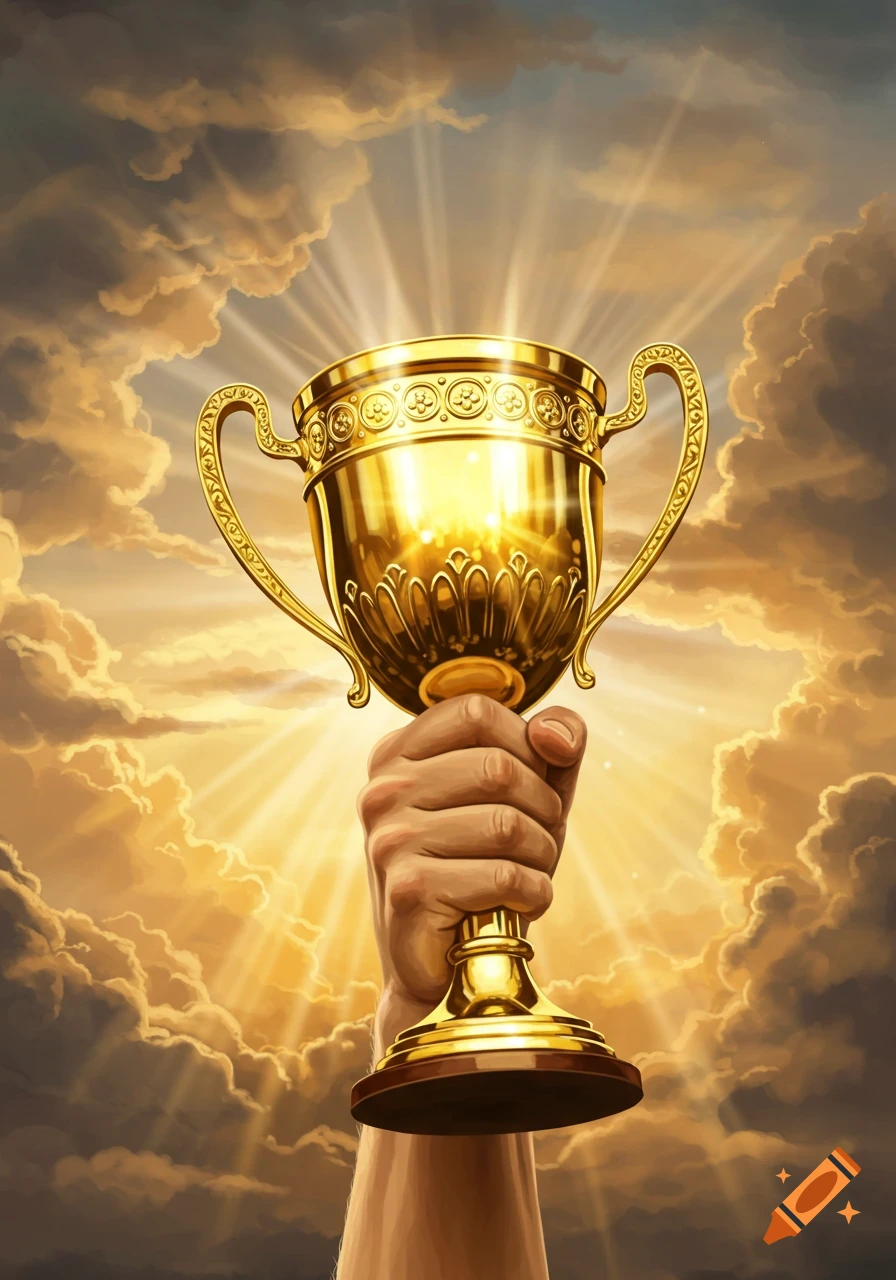 A strong hand holds a shining golden trophy high against a dramatic sky with sun rays breaking through golden clouds.