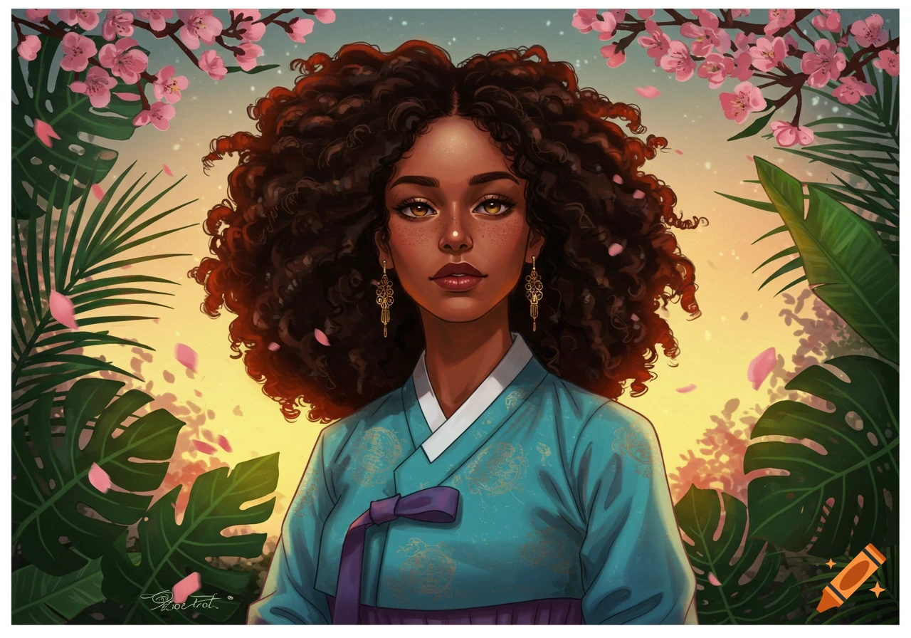 Digital art portrait of a woman with curly hair in a teal hanbok, surrounded by pink cherry blossoms and tropical leaves against a warm sky.