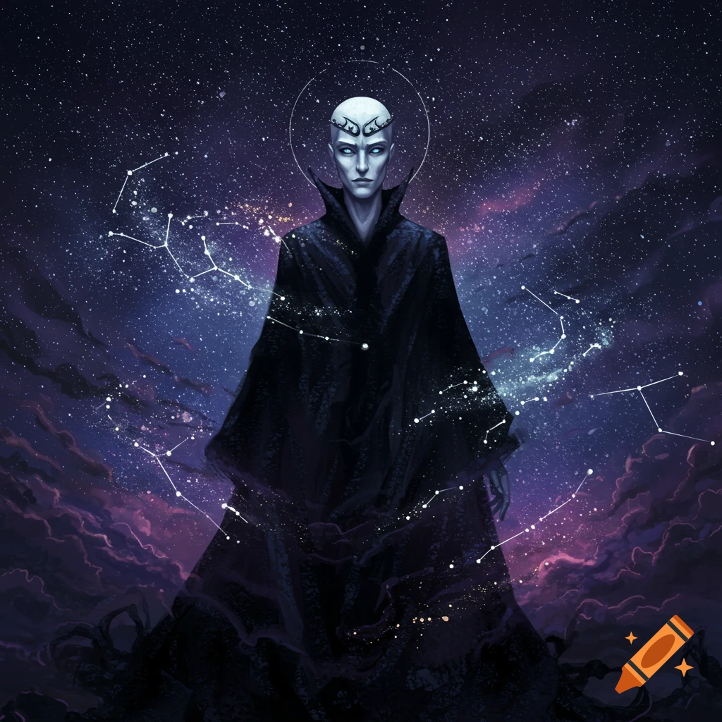 A pale, bald figure in a dark cloak stands against a starry cosmic background with constellations.