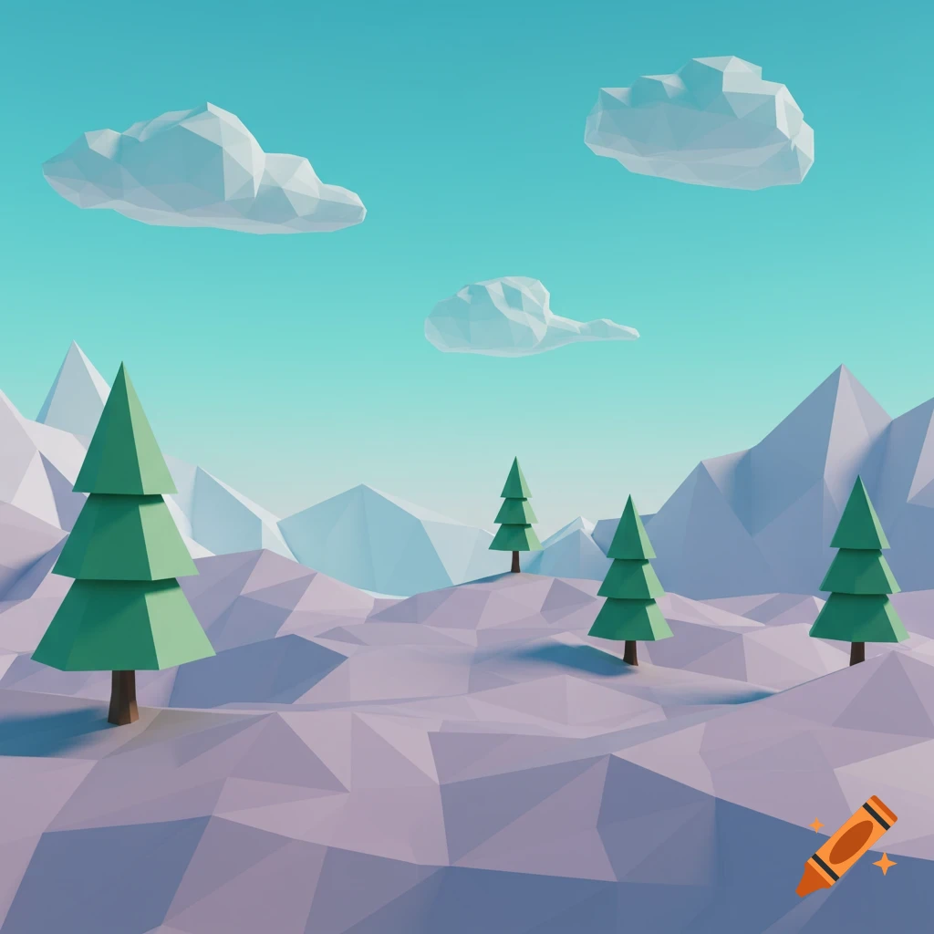 A vibrant low poly 3D render of a winter landscape with green pine trees, white polygonal mountains, and puffy white clouds under a clear blue sky.