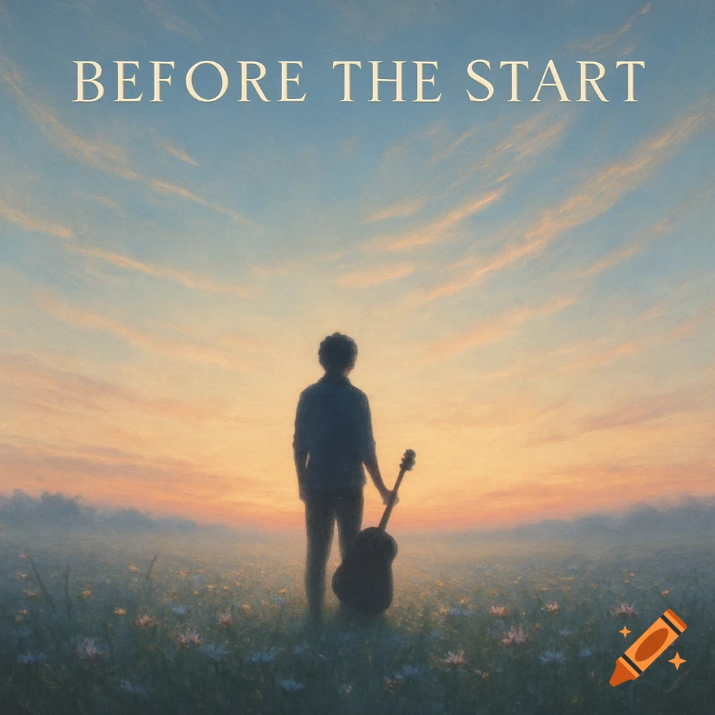 Silhouette of a person holding a guitar in a field of wildflowers at sunset with the text 'BEFORE THE START' above.