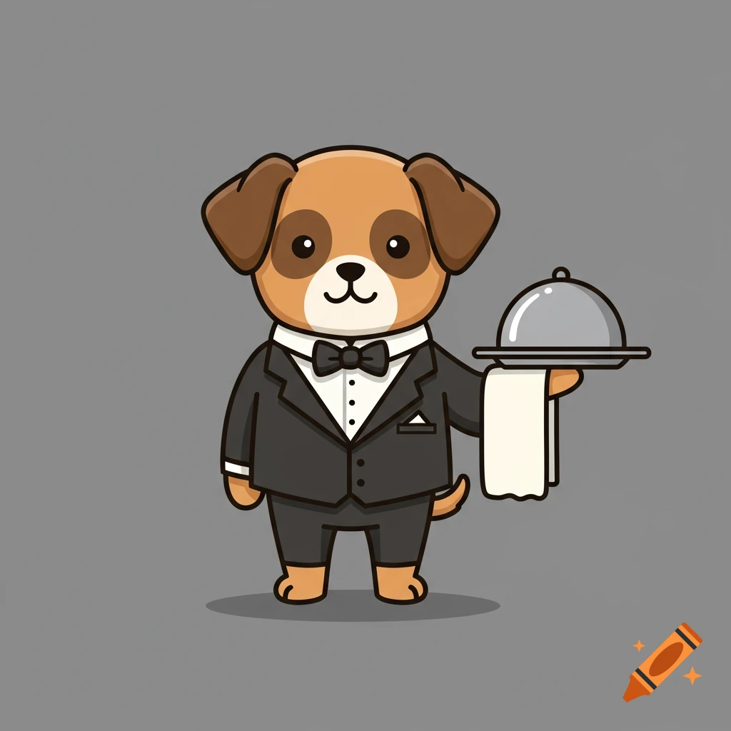 A cute cartoon puppy dressed as a butler, holding a silver cloche serving tray with a white towel, on a grey background.