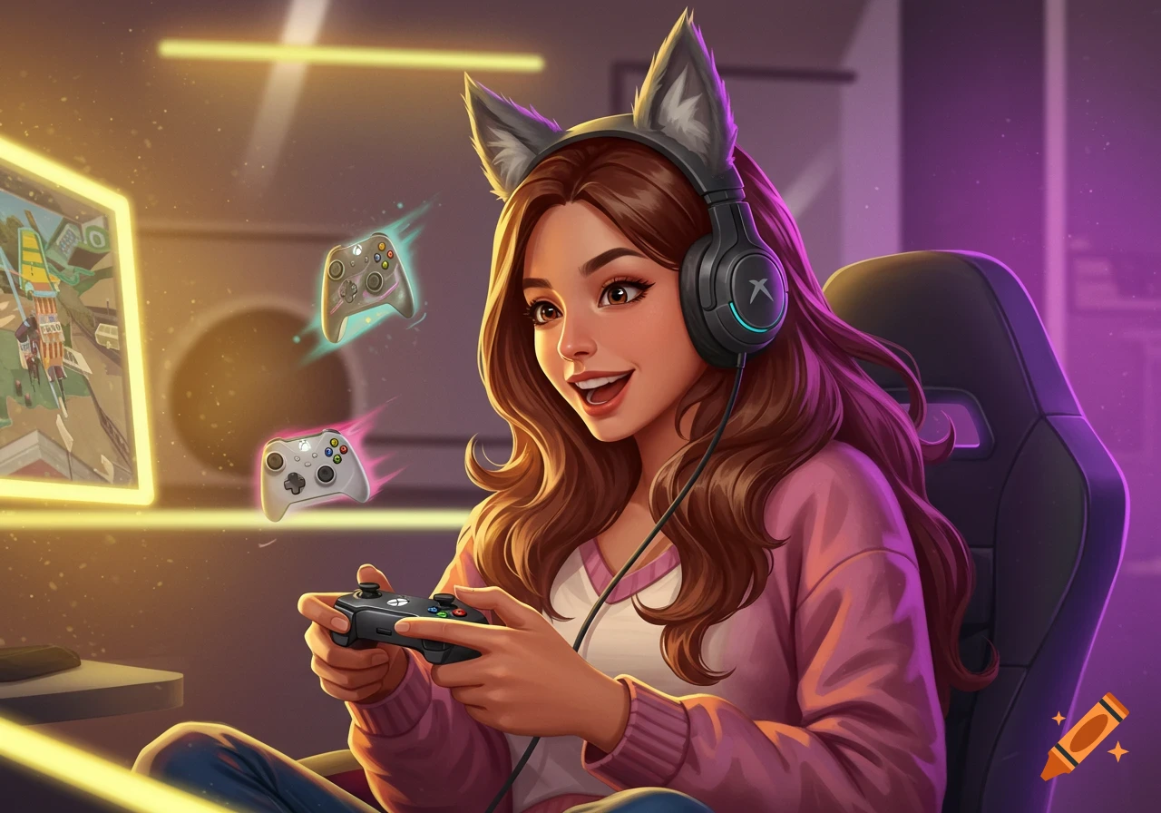 A smiling girl with wolf ears and headphones plays video games with an Xbox controller on a glowing screen in digital art style.