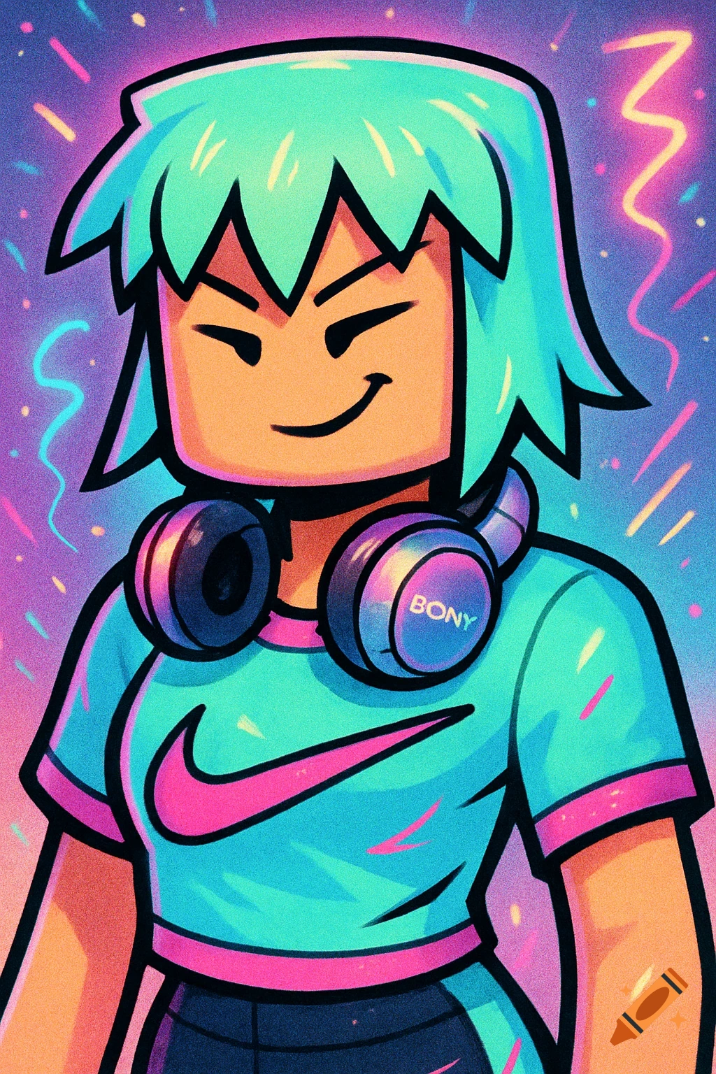 A stylized cartoon character resembling a Roblox avatar with turquoise hair, wearing a turquoise Nike shirt and headphones, set against a vibrant neon background.