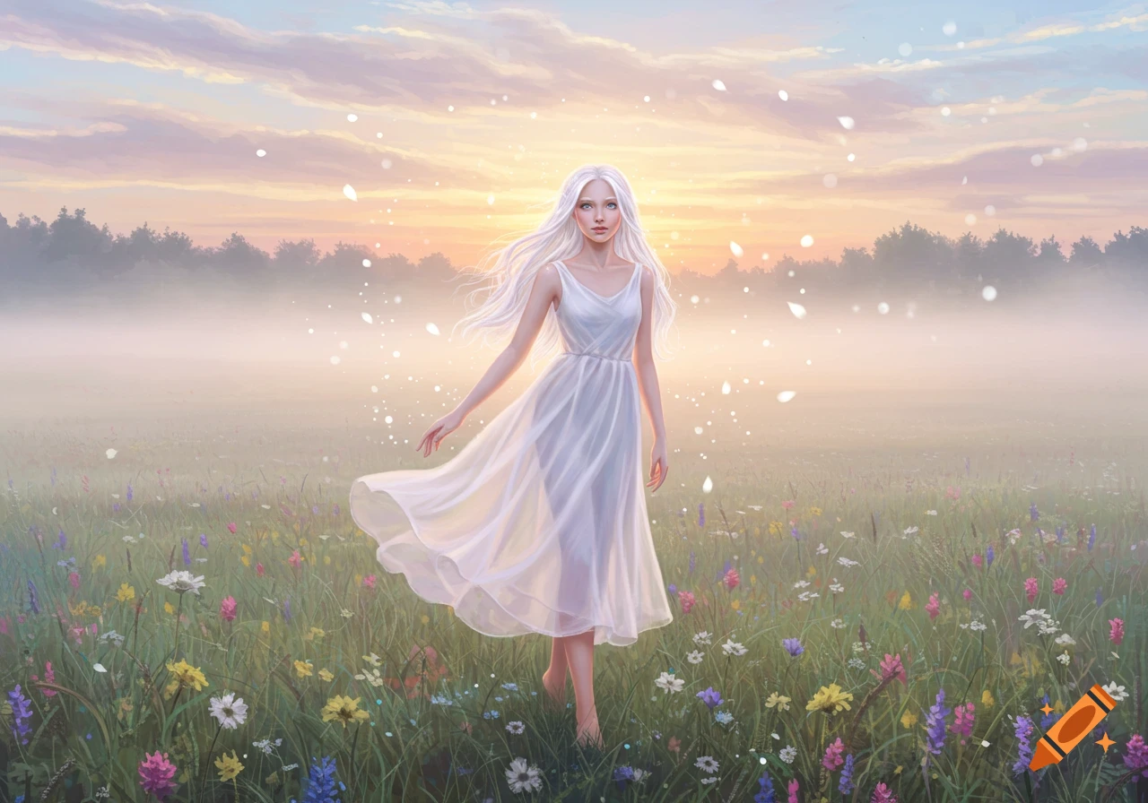 A white-haired girl in a flowing white dress stands barefoot in a field of colorful wildflowers at sunrise, with misty trees and glowing particles.