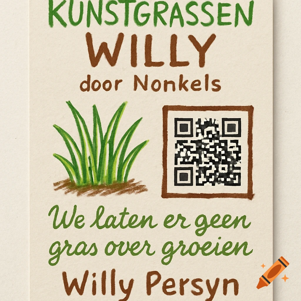 A beige business card with a hand-drawn look. Green text at the top reads 'KUNSTGRASSEN WILLY' and below 'door Nonkels'. A cartoonish clump of green grass is on the left, next to a brown-framed QR code on the right. Below the grass, green cursive text says 'We laten er geen gras over groeien', and brown text at the bottom reads 'Willy Persyn'.