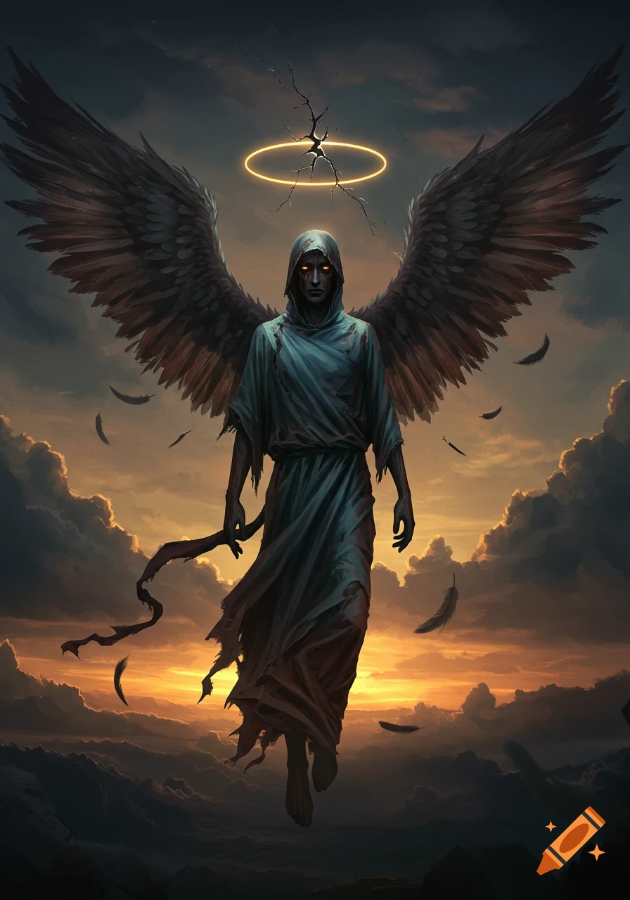 Dark, hooded angel with large black wings and glowing eyes, a cracked halo, floats against a dramatic sunset sky with falling feathers.