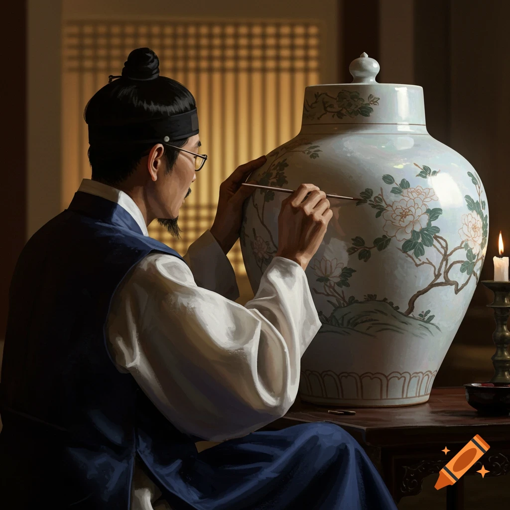 A man in traditional Korean attire paints a large white Moon Jar vase with intricate floral designs, illuminated by a candle.