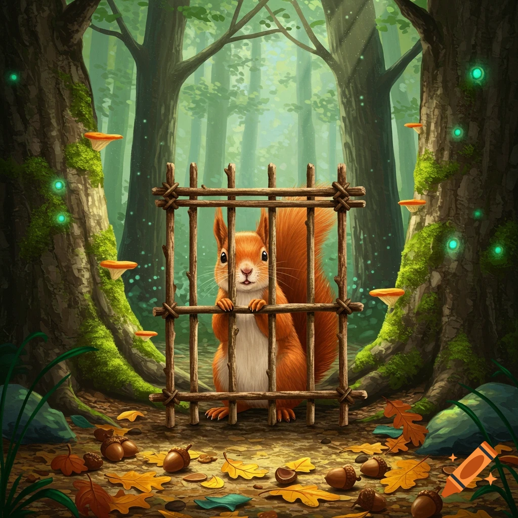 A cute squirrel sits behind a small wooden cage in a lush, magical forest with glowing plants and fallen leaves.