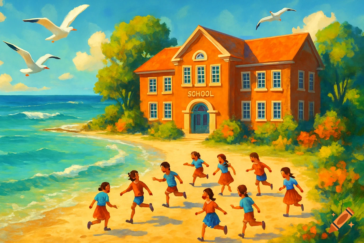Painterly illustration of children playing on a sunny beach next to a school building with seagulls flying overhead.