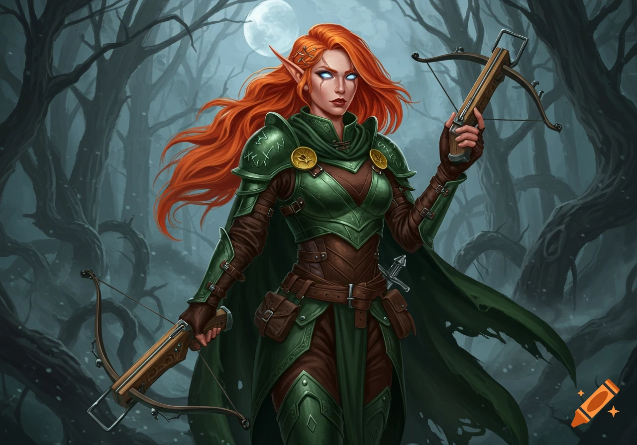 A red-haired elf in green armor holds two crossbows in a misty forest under a full moon, fantasy art.
