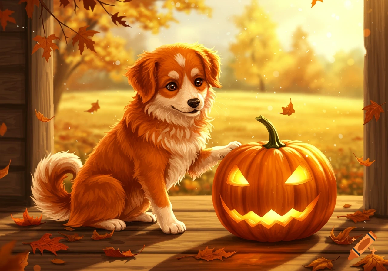 A cute pumpkin-colored dog with a glowing jack-o'-lantern on a wooden porch, surrounded by falling autumn leaves.