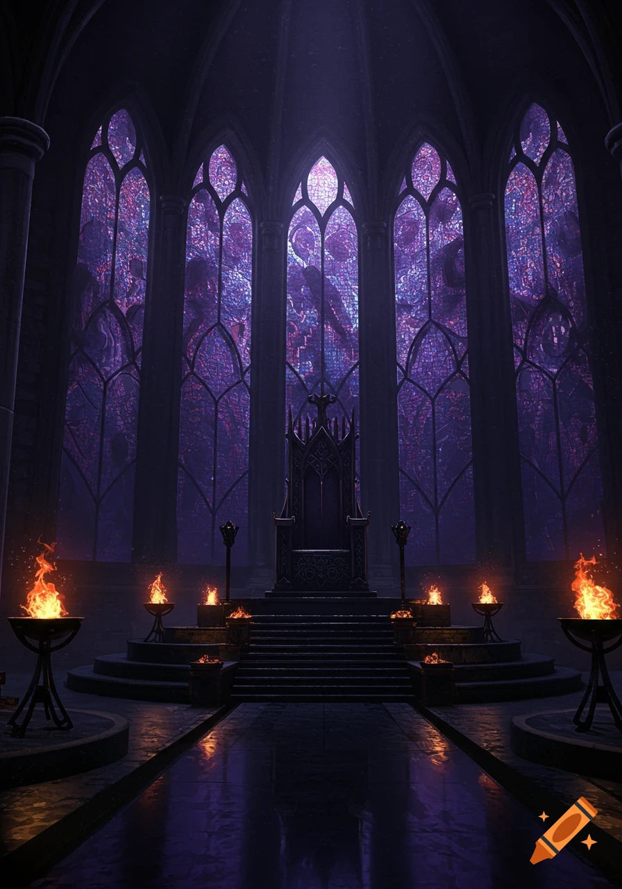 A dark gothic castle throne room with a black throne on steps, vibrant purple stained glass windows, and glowing fire torches.