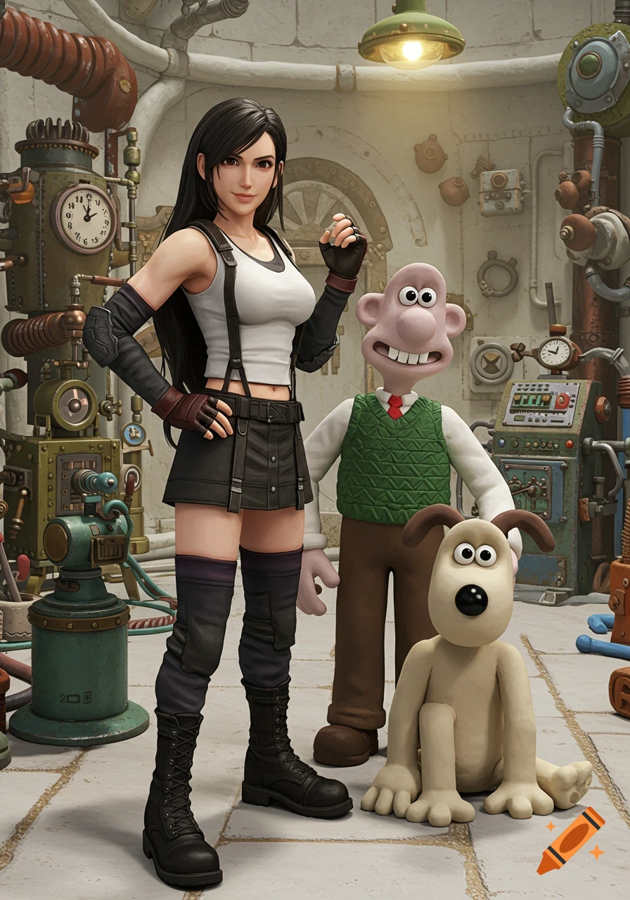 Tifa Lockhart stands confidently in a detailed workshop alongside a smiling Wallace and a sitting Gromit.