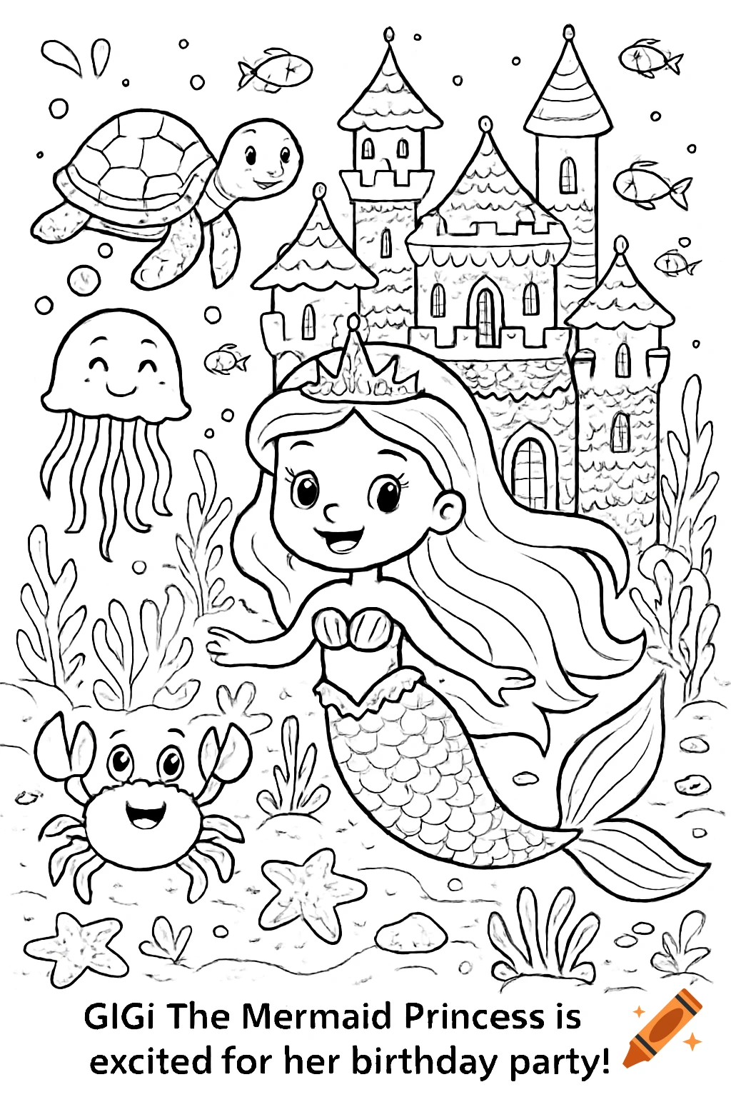 Black and white coloring page of a mermaid princess, turtle, jellyfish, and crab underwater with a castle. Text: 'GIGi The Mermaid Princess is excited for her birthday party!'