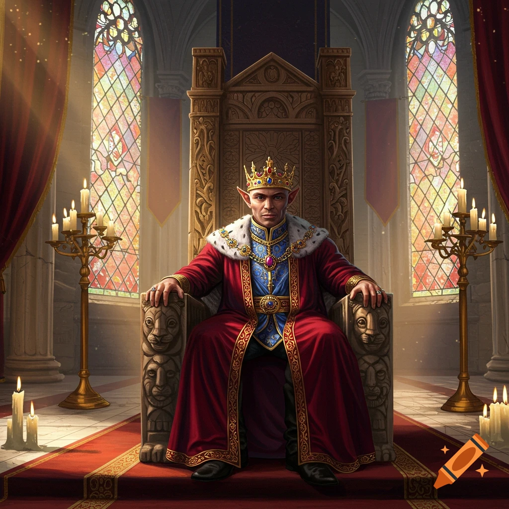 An elf king in red and blue robes with a gold crown sits on a grand wooden throne in a regal hall with stained glass windows.