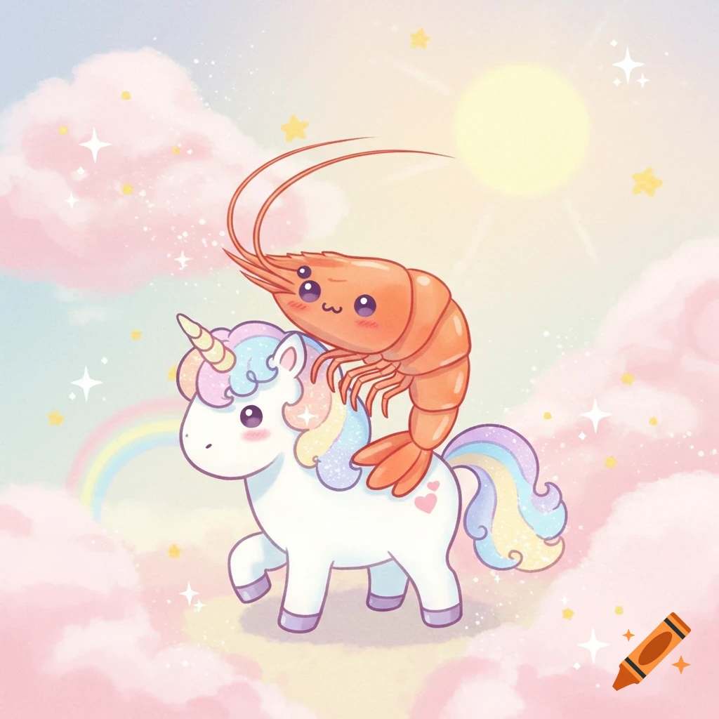 A cute shrimp with rosy cheeks rides a pastel rainbow unicorn in a fluffy cloud sky, with a sun and stars, in kawaii cartoon style.