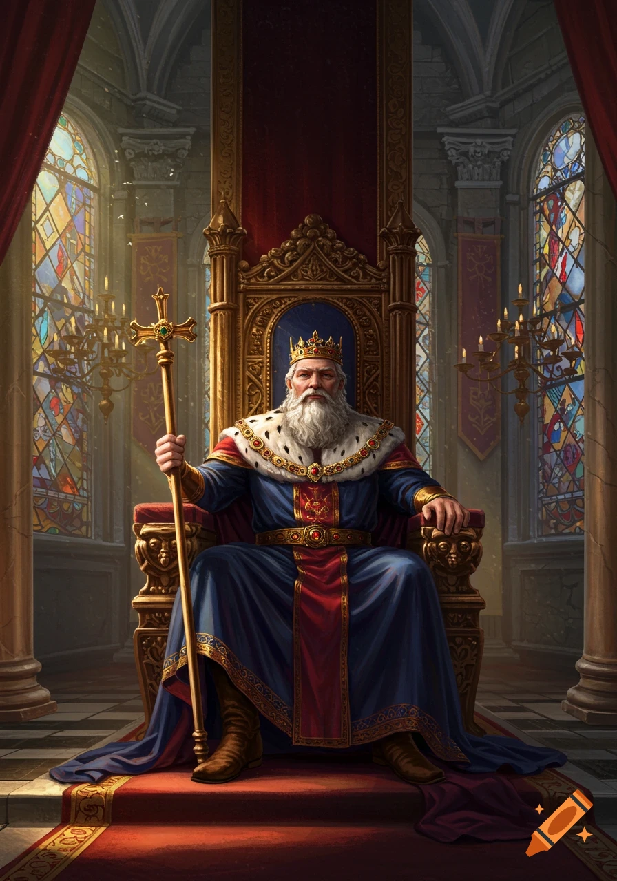 An old king with a white beard, crown, and royal robes sits on a golden throne in a grand hall with stained glass windows.