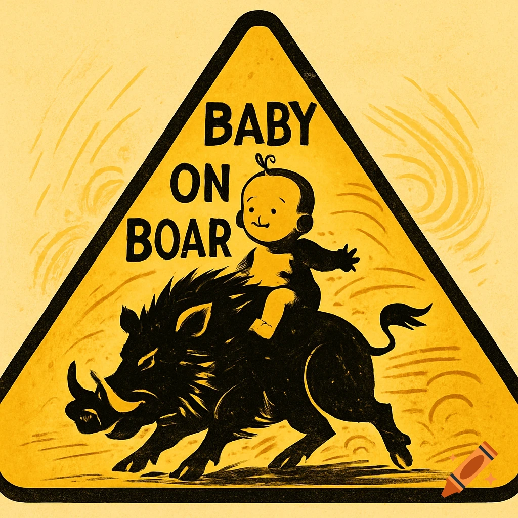 A yellow triangular warning sign with a black border, featuring a cartoon baby riding a black wild boar, and text 'BABY ON BOAR'.