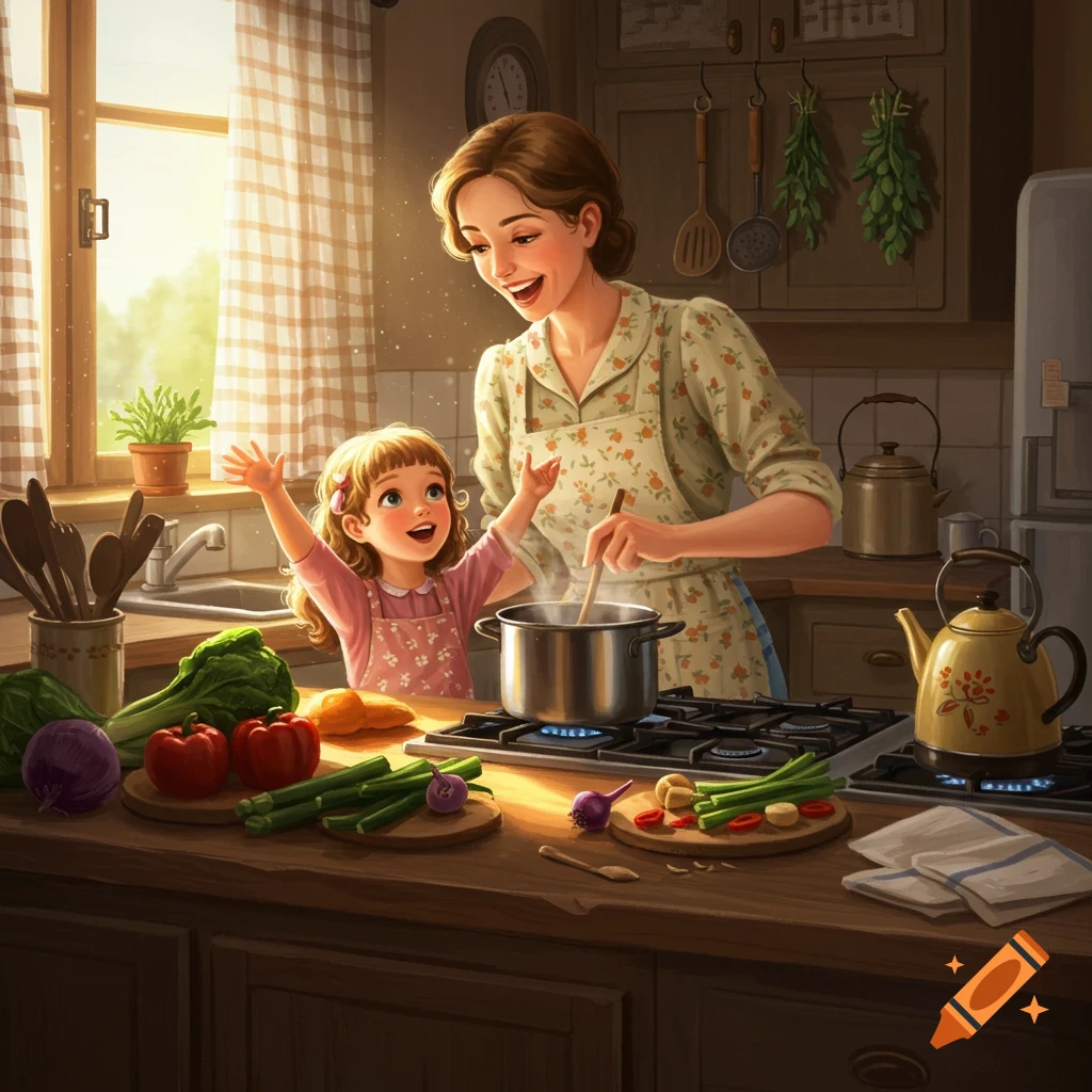 An illustration of a mother and child happily cooking together in a sunlit kitchen, surrounded by fresh vegetables.